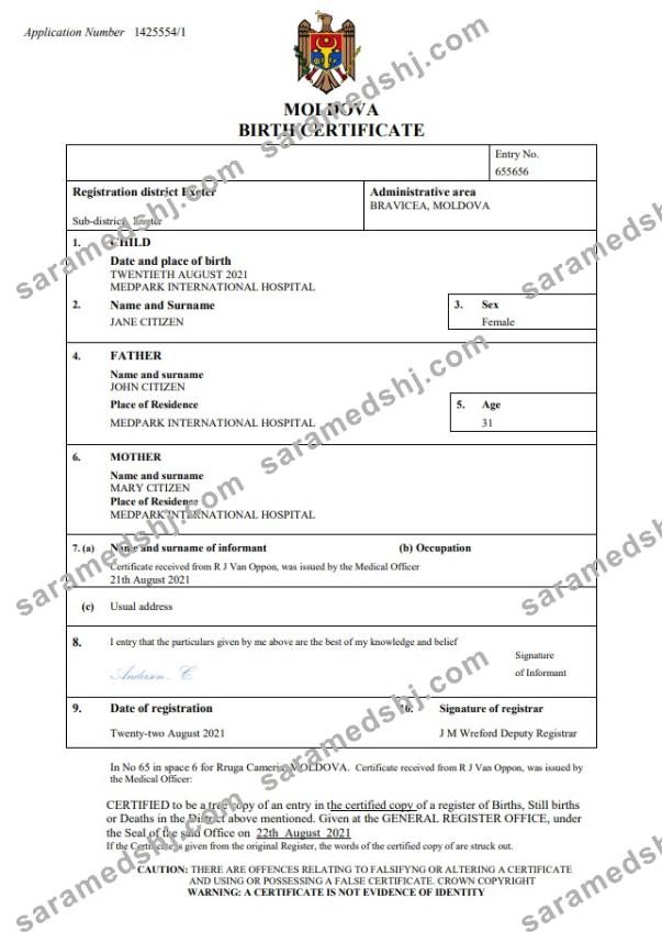 Moldova birth certificate Word and PDF template